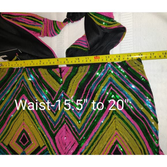 Sexy Multicolor Sequin Mini Dress Plunging Halter 1XL Open Back Retro Club Party - Picture 15 of 16